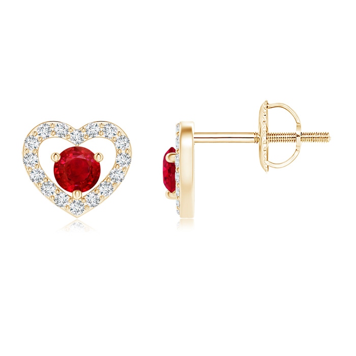 2.5mm AAA Solitaire Ruby Open Heart Studs with Diamonds in Yellow Gold 