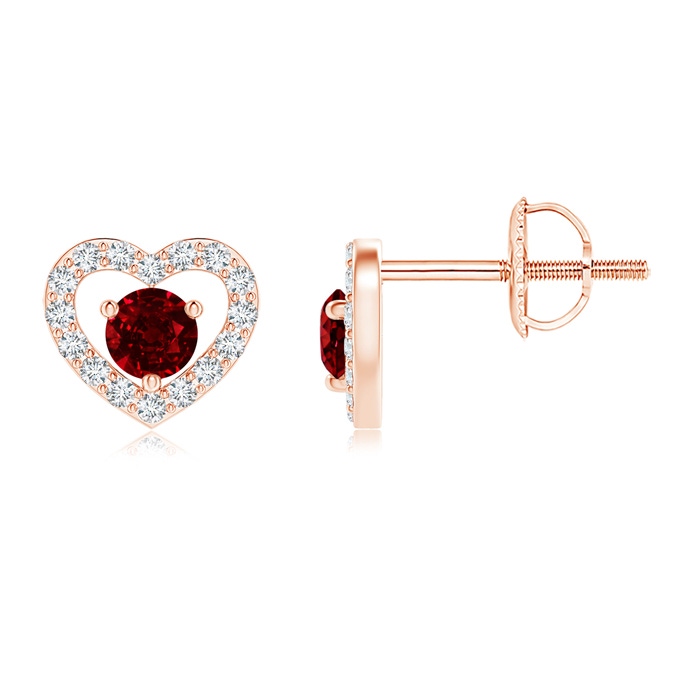 2.5mm AAAA Solitaire Ruby Open Heart Studs with Diamonds in Rose Gold