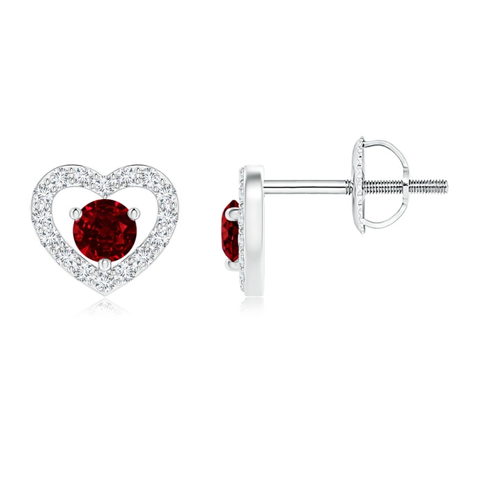 2.5mm AAAA Solitaire Ruby Open Heart Studs with Diamonds in White Gold