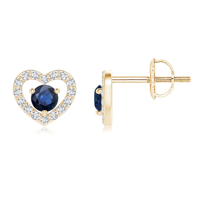 2.5mm AA Solitaire Sapphire Open Heart Studs with Diamonds in Yellow Gold 