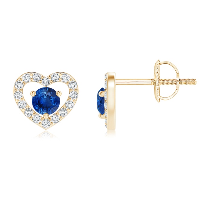 2.5mm AAA Solitaire Sapphire Open Heart Studs with Diamonds in Yellow Gold