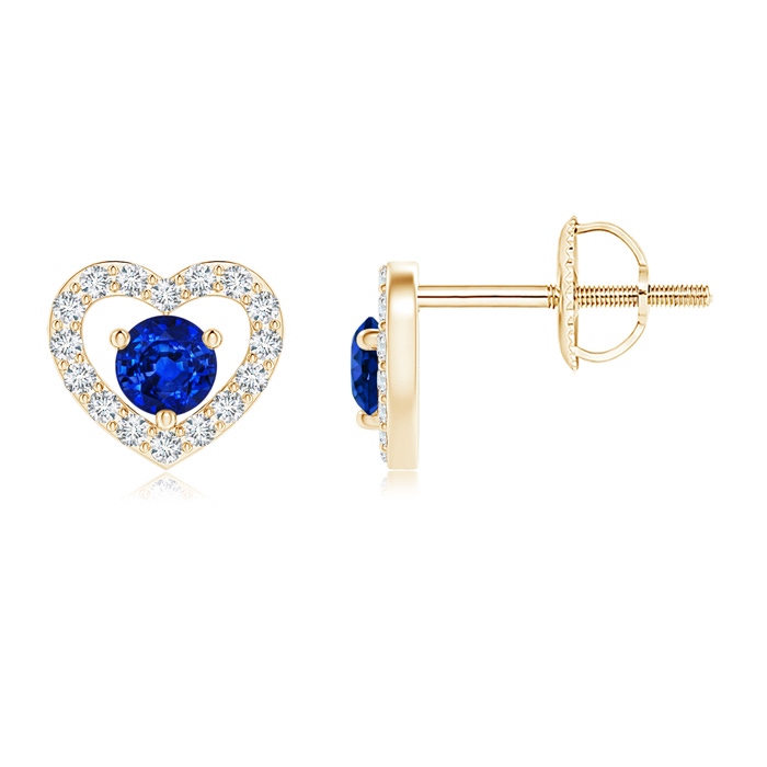 2.5mm AAAA Solitaire Sapphire Open Heart Studs with Diamonds in Yellow Gold