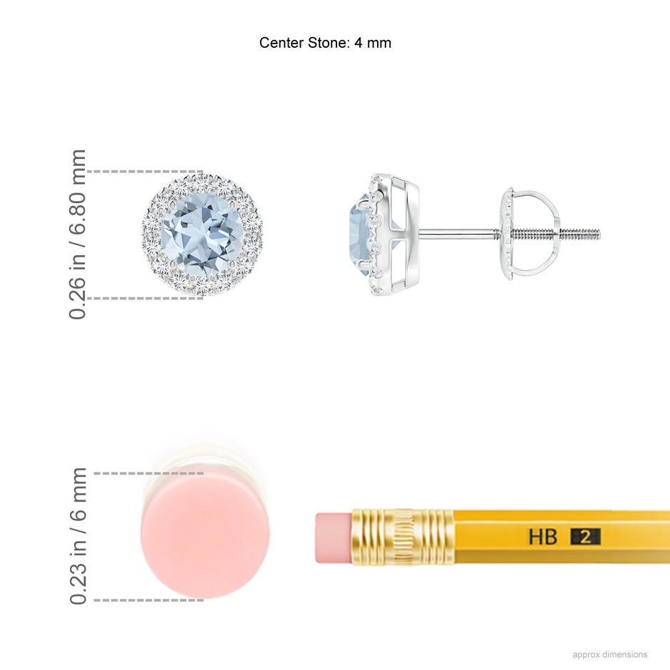 4mm A Claw-Set Aquamarine and Diamond Halo Stud Earrings in P950 Platinum ruler