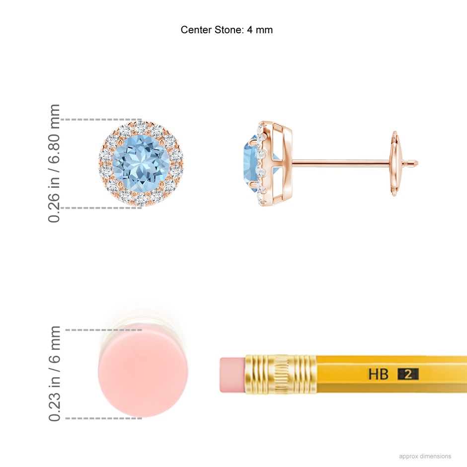 4mm AAA Claw-Set Aquamarine and Diamond Halo Stud Earrings in Rose Gold ruler
