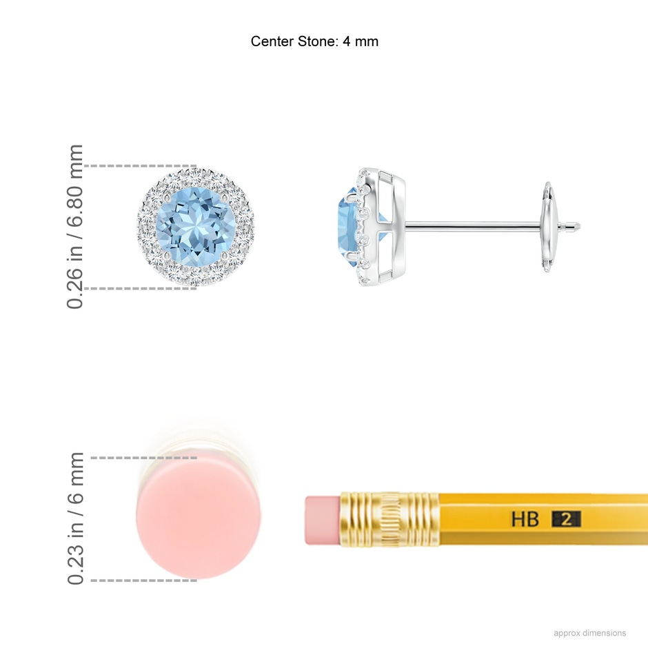 4mm AAA Claw-Set Aquamarine and Diamond Halo Stud Earrings in White Gold ruler