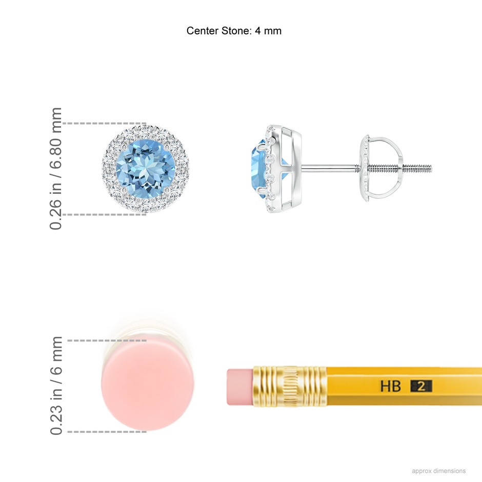 4mm AAAA Claw-Set Aquamarine and Diamond Halo Stud Earrings in P950 Platinum ruler