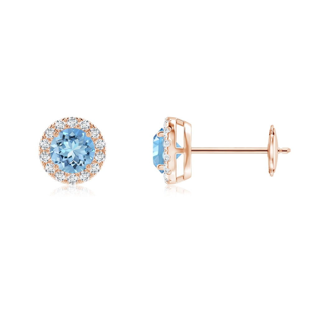 4mm AAAA Claw-Set Aquamarine and Diamond Halo Stud Earrings in Rose Gold
