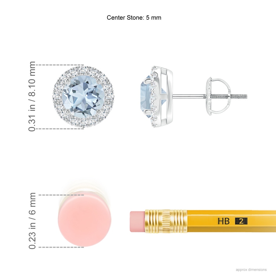 5mm A Claw-Set Aquamarine and Diamond Halo Stud Earrings in P950 Platinum ruler