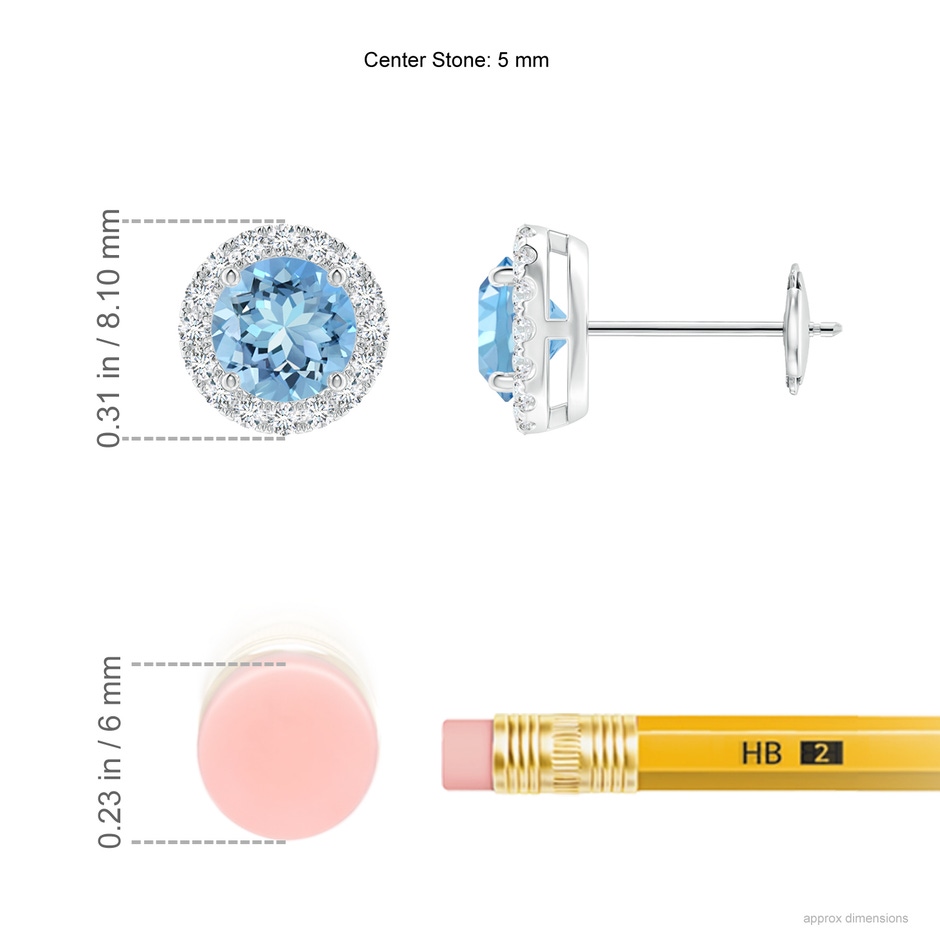 5mm AAAA Claw-Set Aquamarine and Diamond Halo Stud Earrings in White Gold ruler
