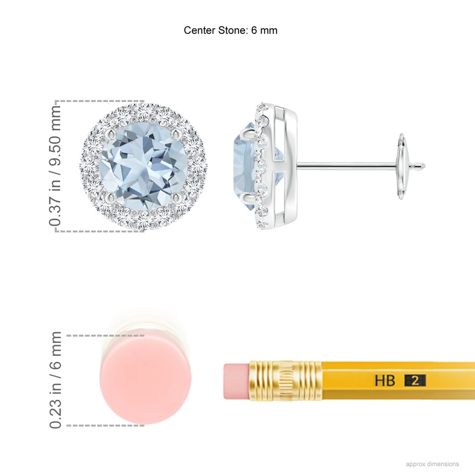 6mm A Claw-Set Aquamarine and Diamond Halo Stud Earrings in White Gold ruler