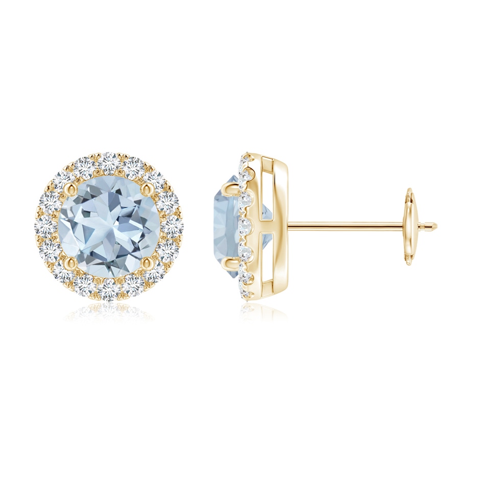 6mm A Claw-Set Aquamarine and Diamond Halo Stud Earrings in Yellow Gold 