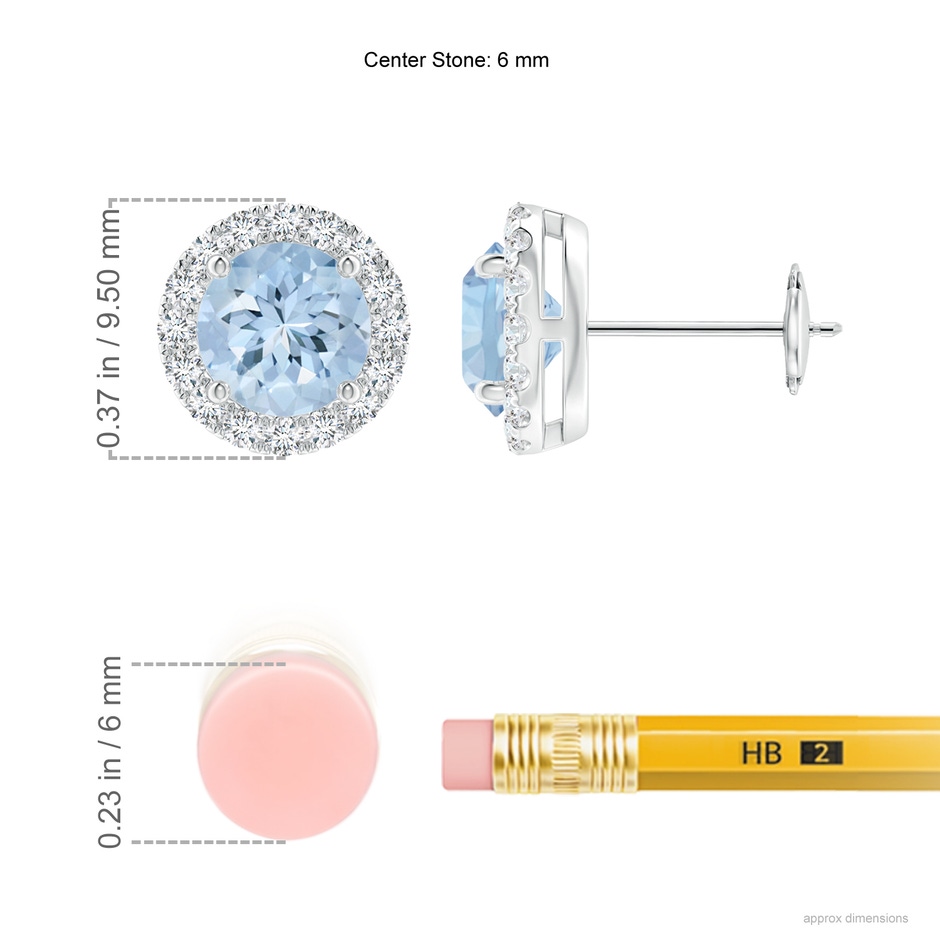 6mm AA Claw-Set Aquamarine and Diamond Halo Stud Earrings in White Gold ruler