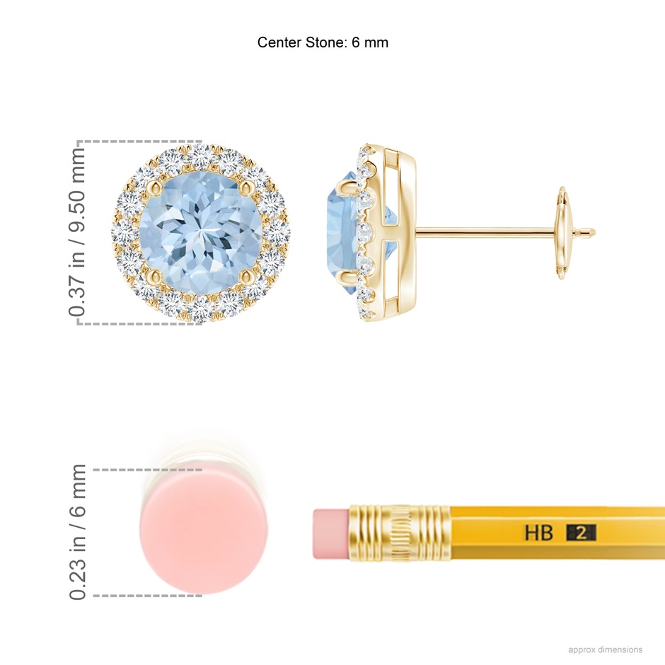 6mm AA Claw-Set Aquamarine and Diamond Halo Stud Earrings in Yellow Gold ruler