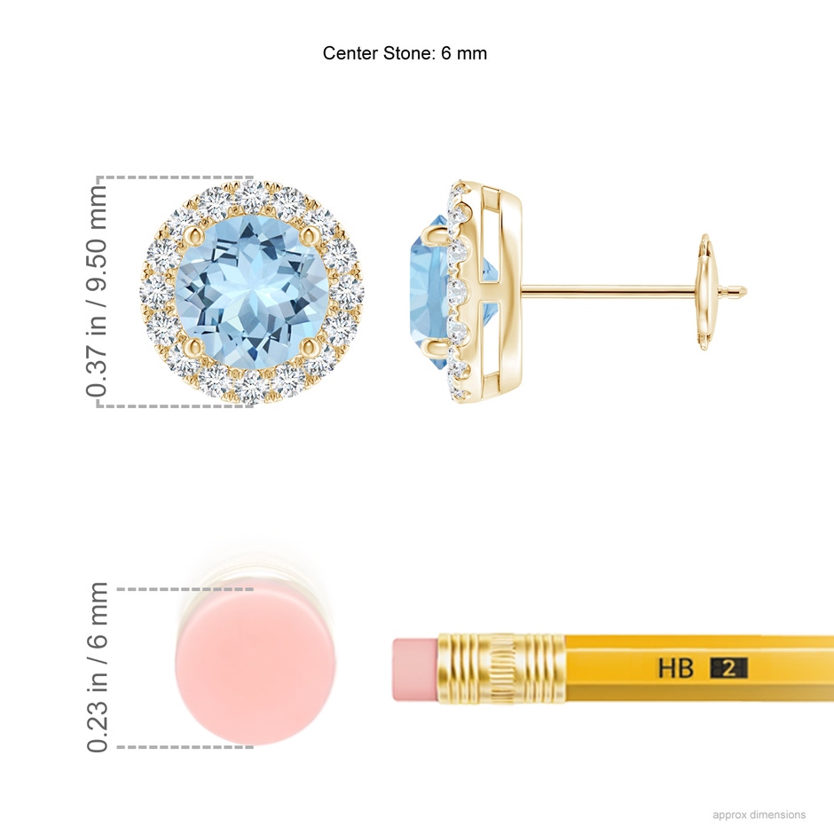 6mm AAA Claw-Set Aquamarine and Diamond Halo Stud Earrings in Yellow Gold ruler