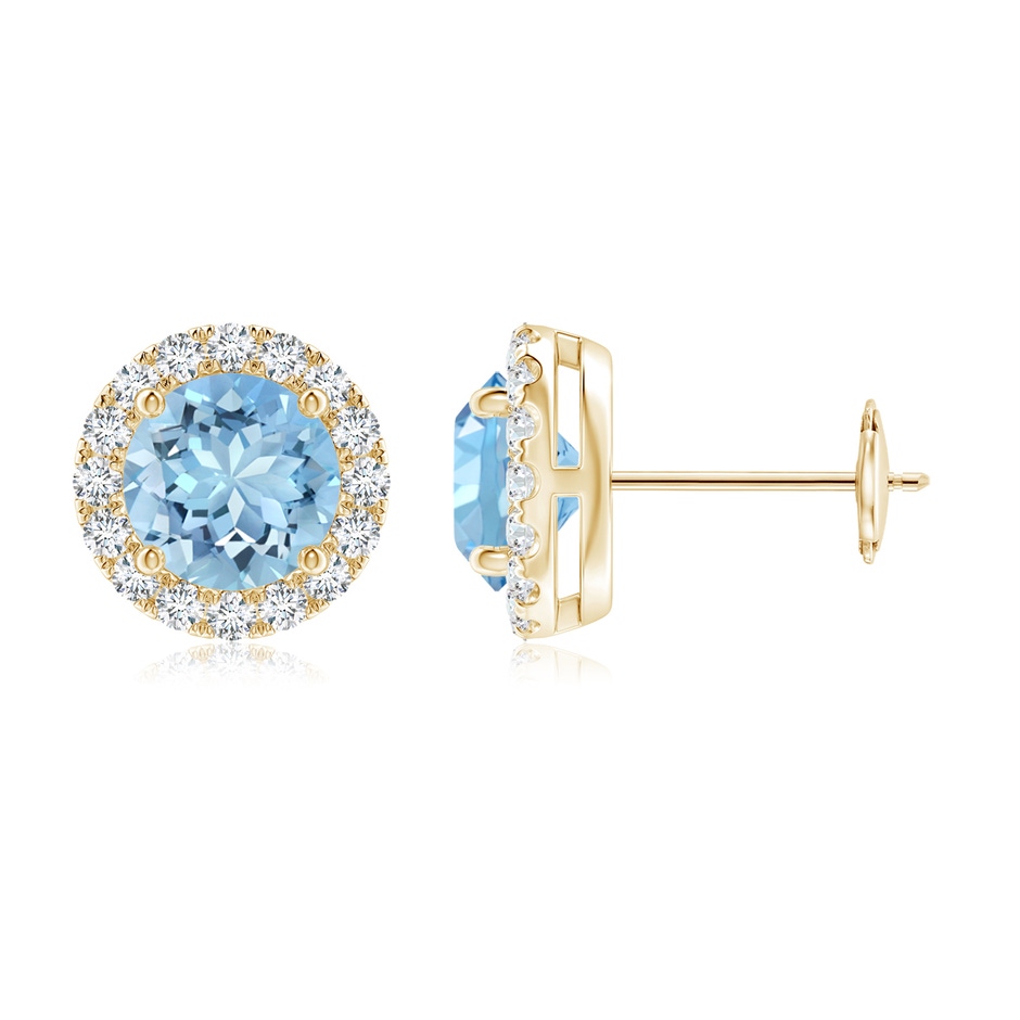 6mm AAAA Claw-Set Aquamarine and Diamond Halo Stud Earrings in Yellow Gold 
