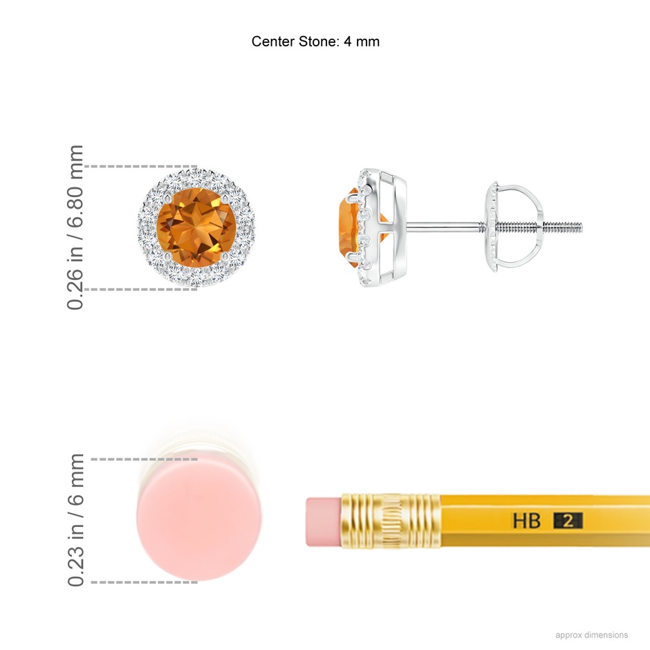 4mm AAA Claw-Set Citrine and Diamond Halo Stud Earrings in P950 Platinum ruler