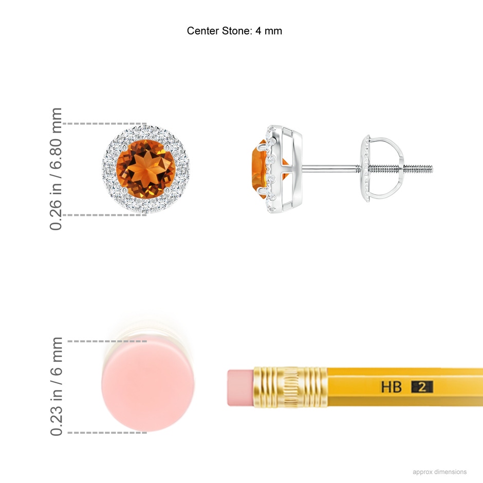 4mm AAAA Claw-Set Citrine and Diamond Halo Stud Earrings in P950 Platinum ruler