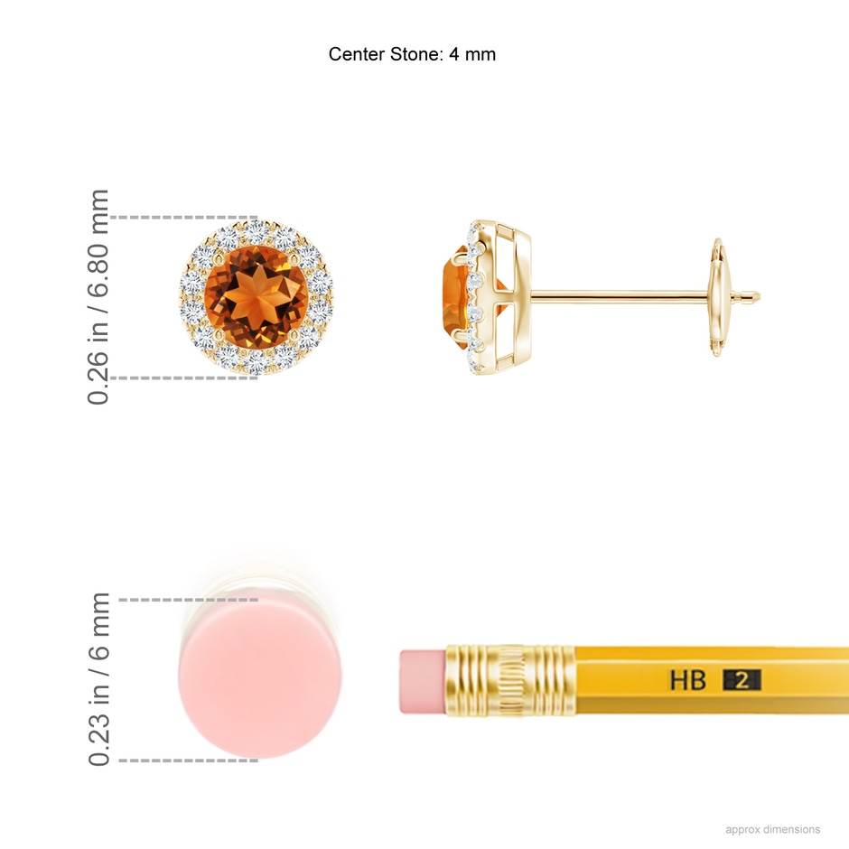 4mm AAAA Claw-Set Citrine and Diamond Halo Stud Earrings in Yellow Gold ruler