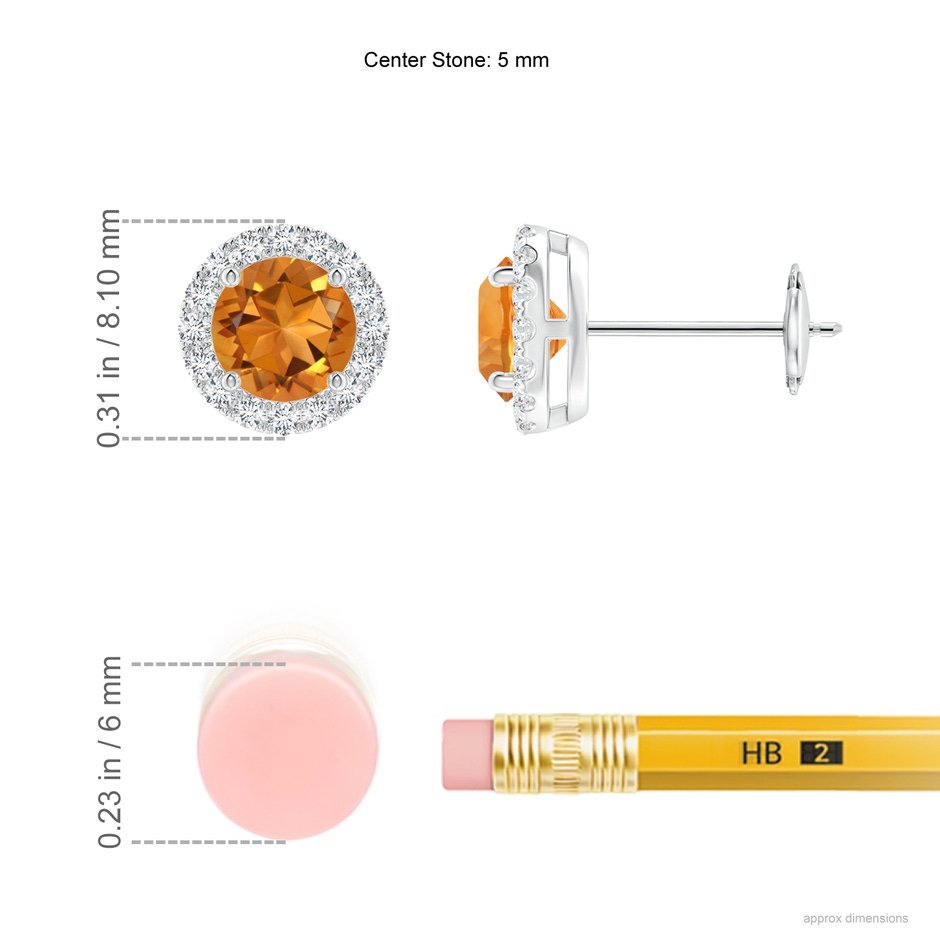 5mm AAA Claw-Set Citrine and Diamond Halo Stud Earrings in White Gold ruler