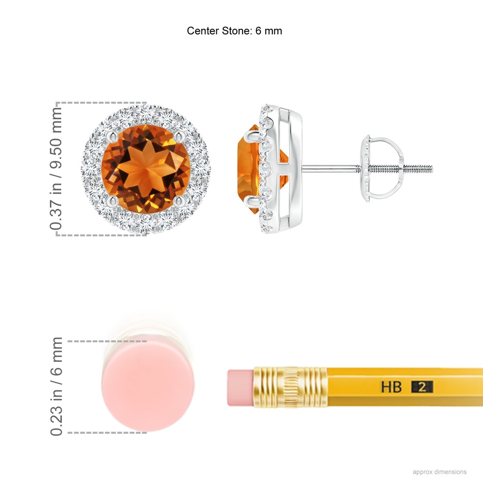 6mm AAAA Claw-Set Citrine and Diamond Halo Stud Earrings in P950 Platinum ruler