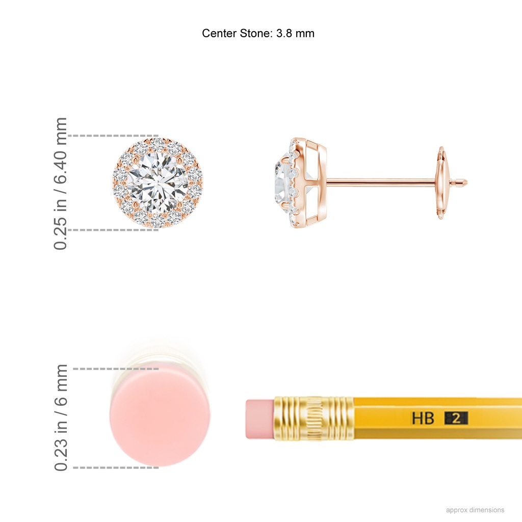 3.8mm HSI2 Claw-Set Diamond Halo Stud Earrings in Rose Gold Ruler