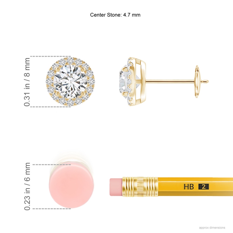 4.7mm HSI2 Claw-Set Diamond Halo Stud Earrings in Yellow Gold ruler
