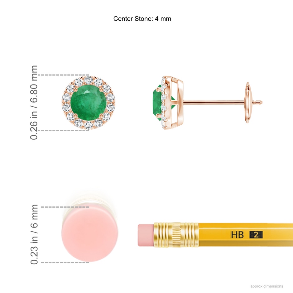 4mm A Claw-Set Emerald and Diamond Halo Stud Earrings in Rose Gold ruler