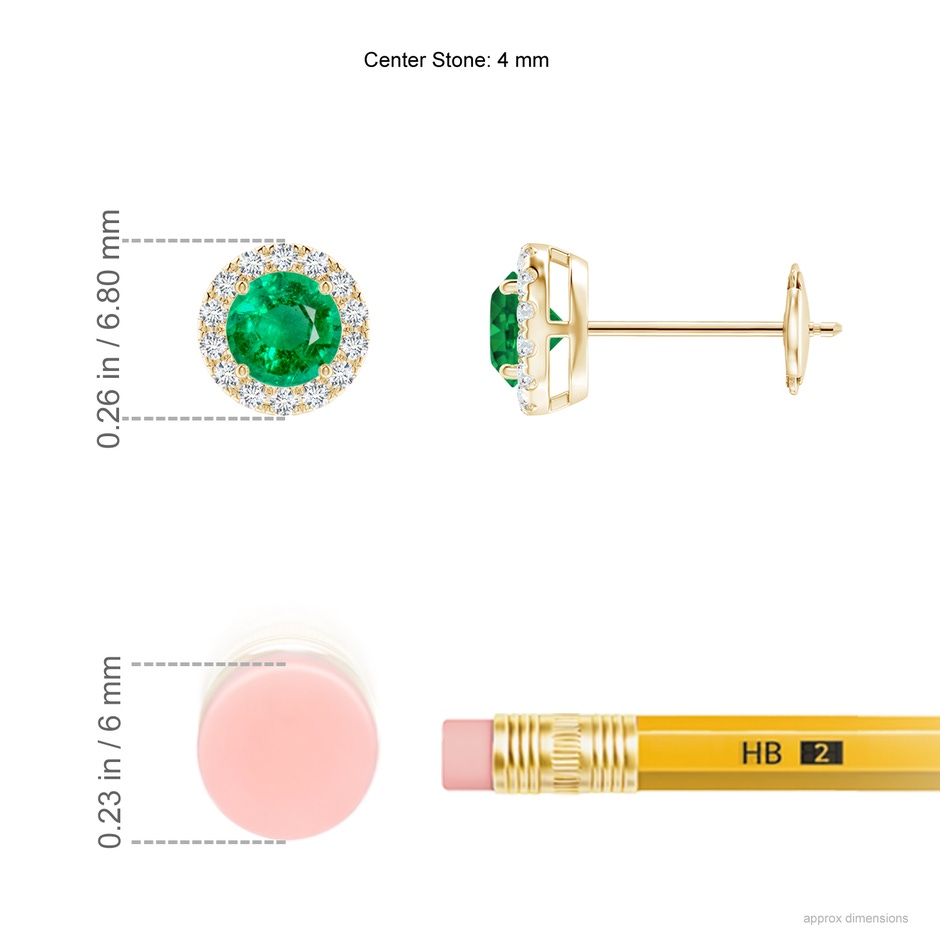 4mm AAA Claw-Set Emerald and Diamond Halo Stud Earrings in Yellow Gold ruler