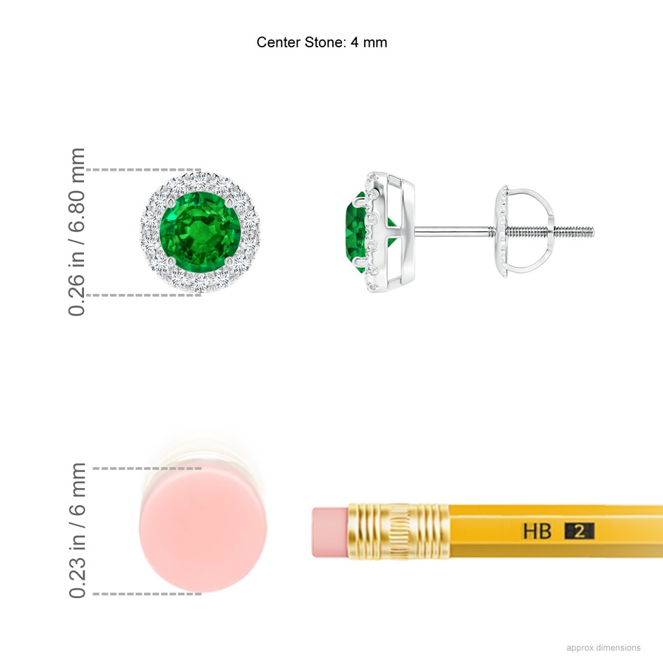 4mm AAAA Claw-Set Emerald and Diamond Halo Stud Earrings in P950 Platinum ruler