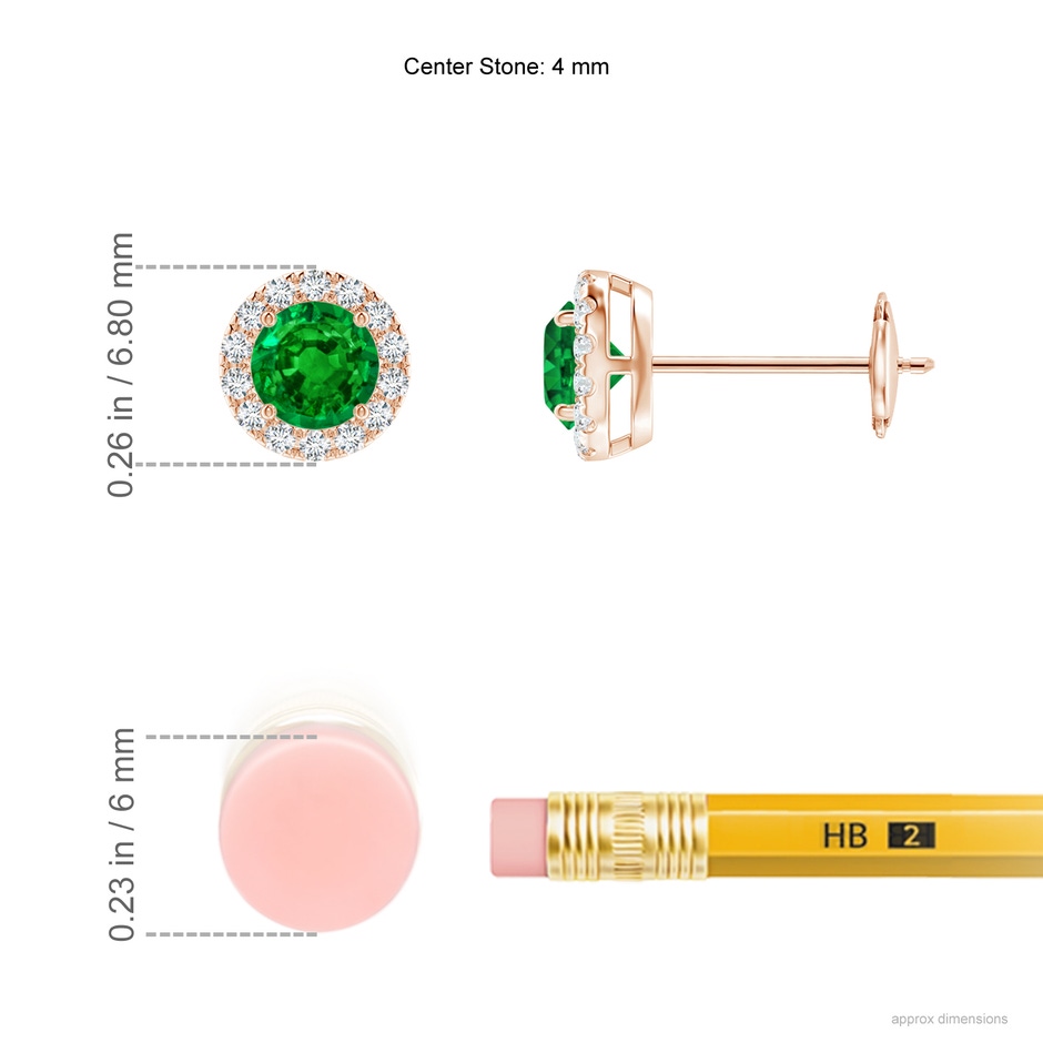 4mm AAAA Claw-Set Emerald and Diamond Halo Stud Earrings in Rose Gold ruler