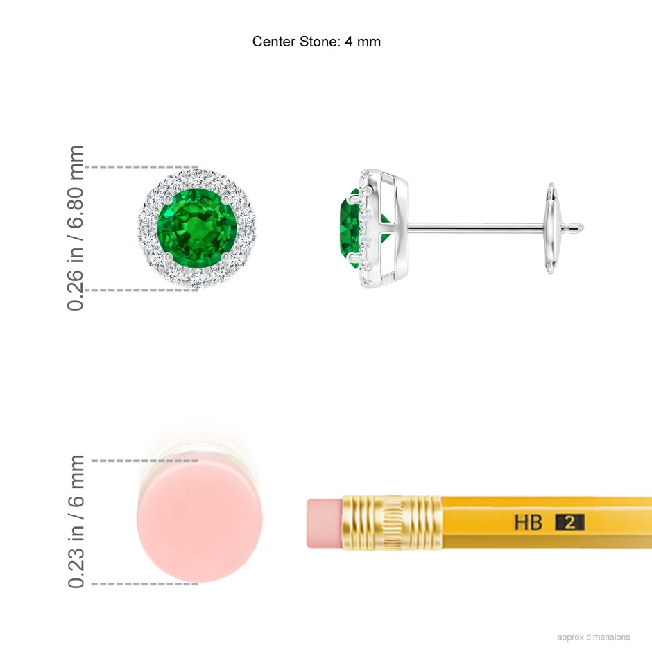 4mm AAAA Claw-Set Emerald and Diamond Halo Stud Earrings in White Gold ruler