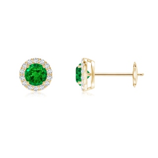 4mm AAAA Claw-Set Emerald and Diamond Halo Stud Earrings in Yellow Gold