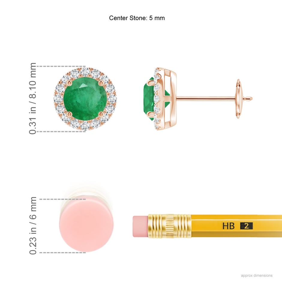 5mm A Claw-Set Emerald and Diamond Halo Stud Earrings in Rose Gold ruler