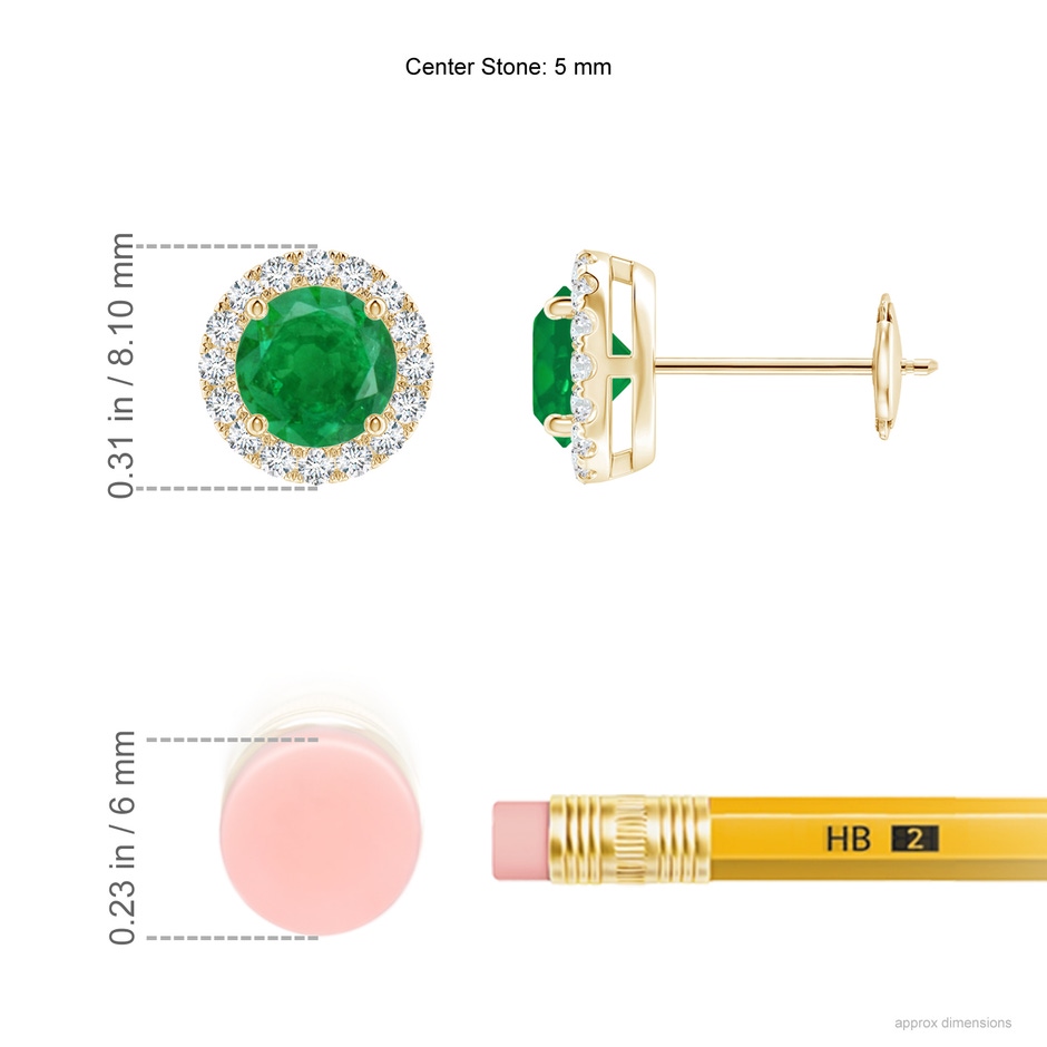 5mm AA Claw-Set Emerald and Diamond Halo Stud Earrings in Yellow Gold ruler