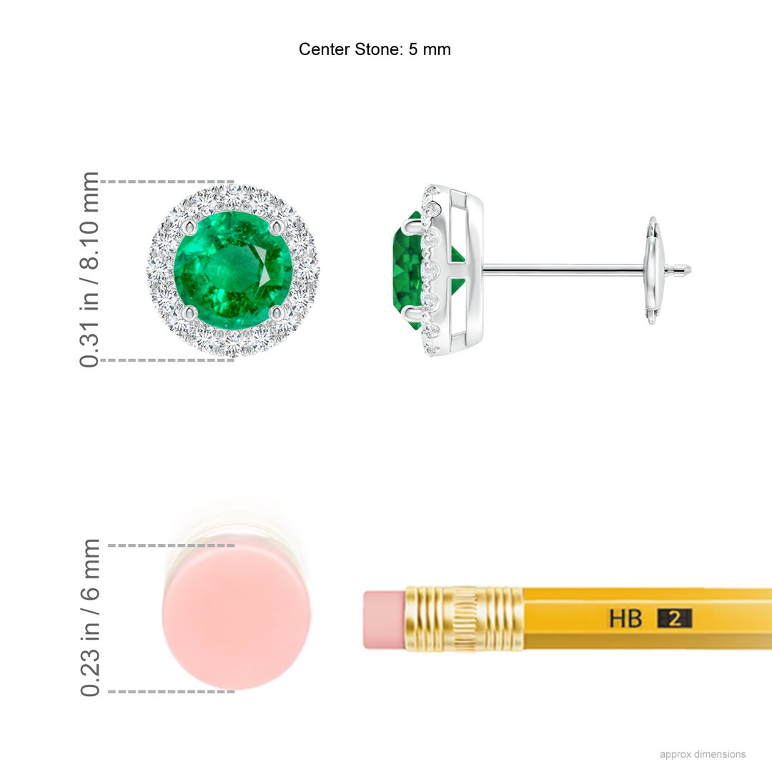 5mm AAA Claw-Set Emerald and Diamond Halo Stud Earrings in White Gold - ruler