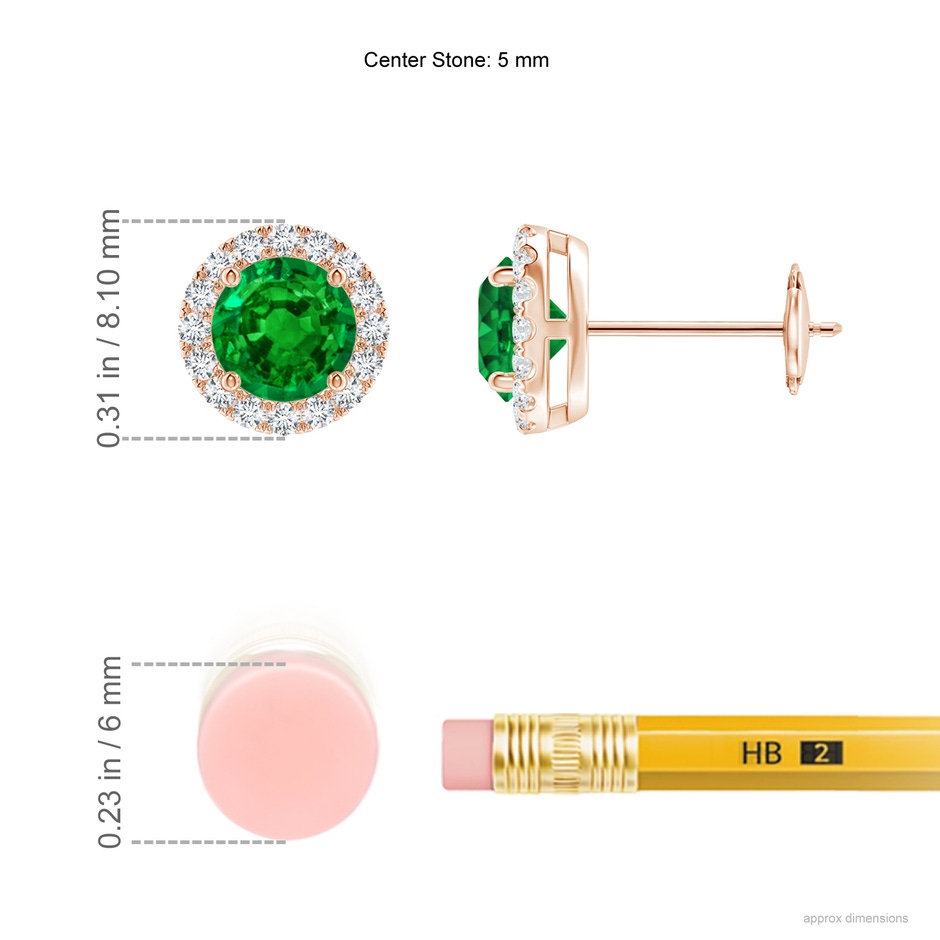 5mm AAAA Claw-Set Emerald and Diamond Halo Stud Earrings in Rose Gold ruler