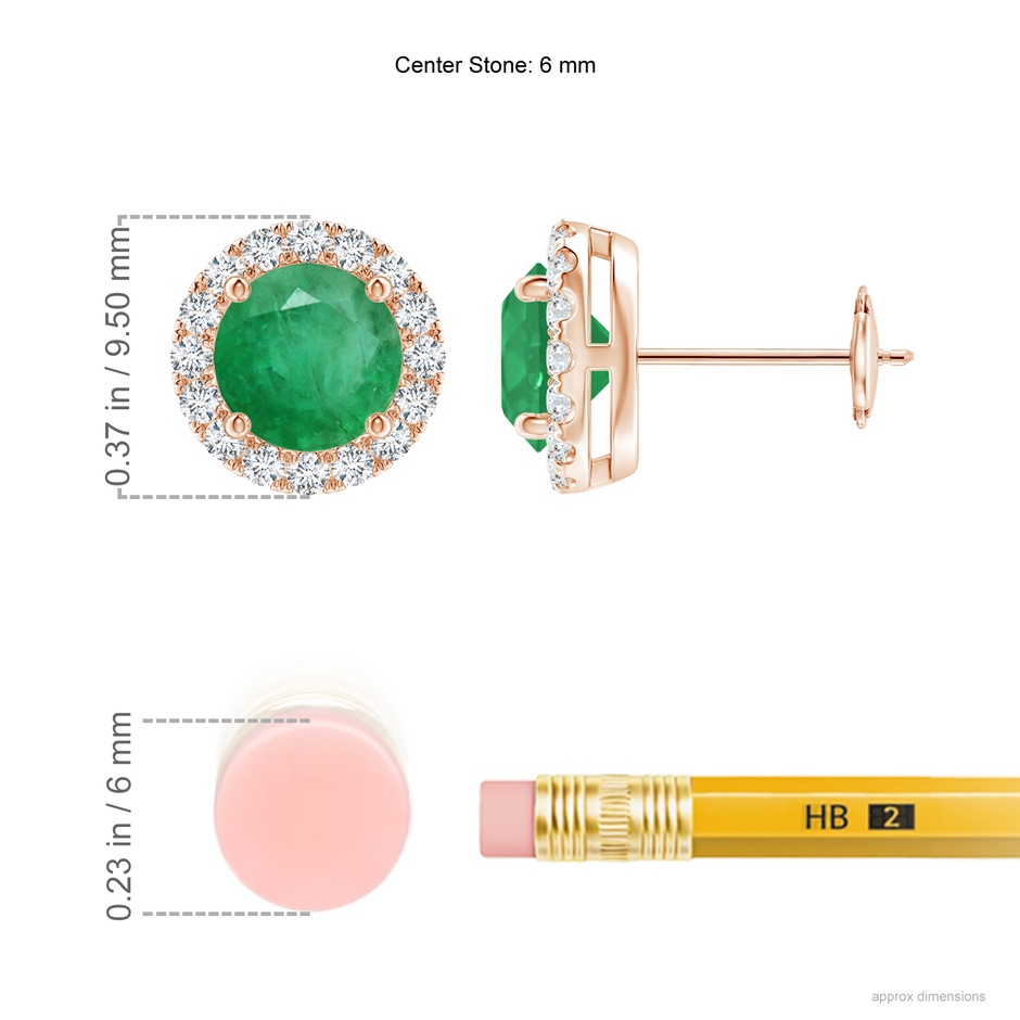 6mm A Claw-Set Emerald and Diamond Halo Stud Earrings in Rose Gold ruler