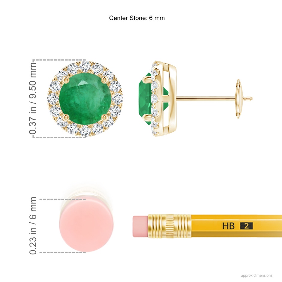 6mm A Claw-Set Emerald and Diamond Halo Stud Earrings in Yellow Gold ruler