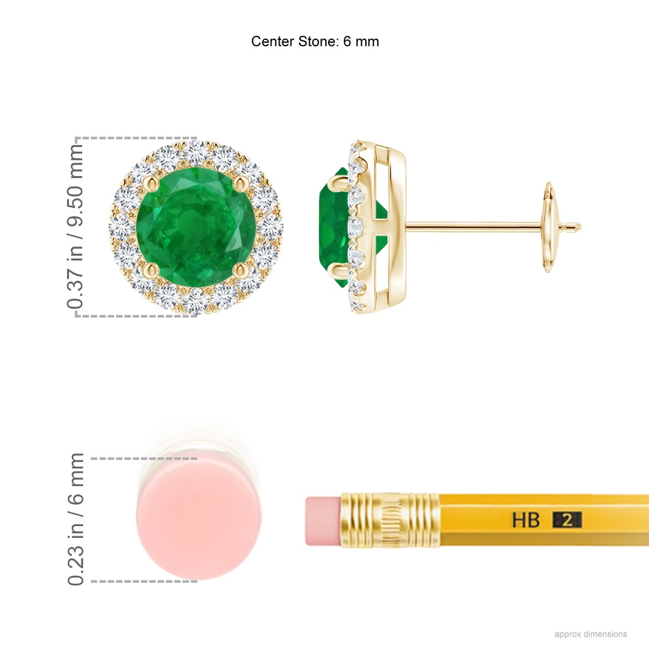 6mm AA Claw-Set Emerald and Diamond Halo Stud Earrings in Yellow Gold ruler