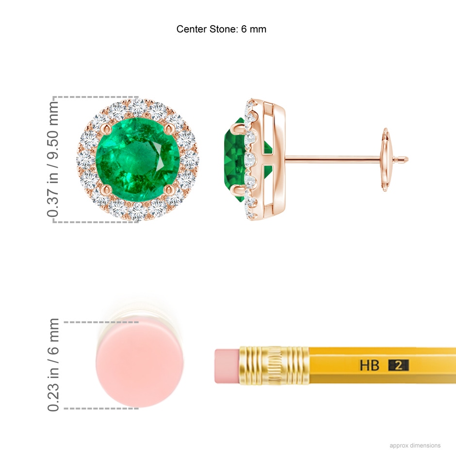 6mm AAA Claw-Set Emerald and Diamond Halo Stud Earrings in Rose Gold ruler