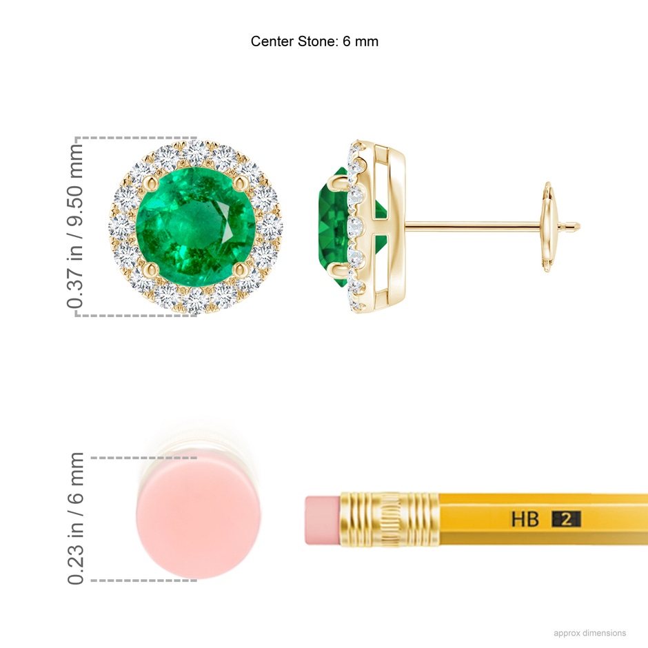 6mm AAA Claw-Set Emerald and Diamond Halo Stud Earrings in Yellow Gold ruler