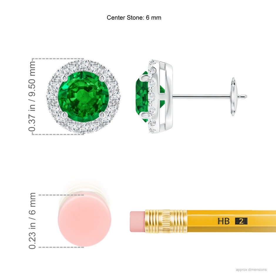 6mm AAAA Claw-Set Emerald and Diamond Halo Stud Earrings in White Gold ruler