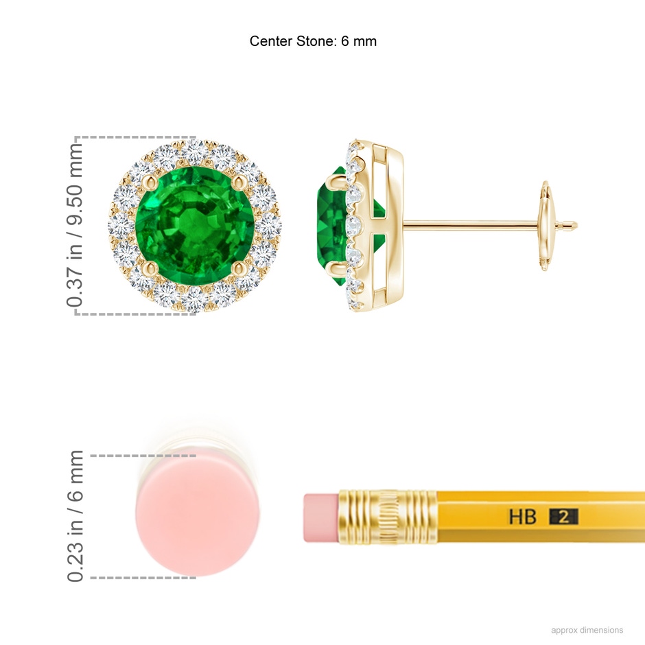 6mm AAAA Claw-Set Emerald and Diamond Halo Stud Earrings in Yellow Gold ruler