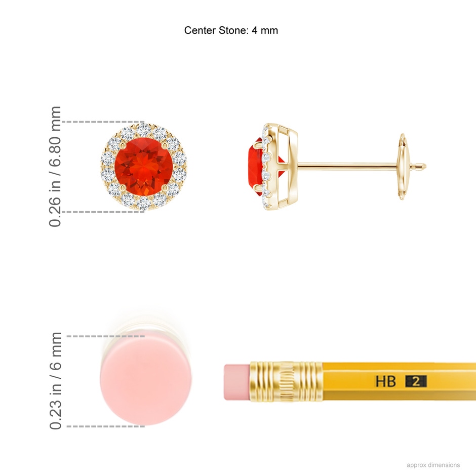 4mm AAAA Claw-Set Fire Opal and Diamond Halo Stud Earrings in Yellow Gold ruler