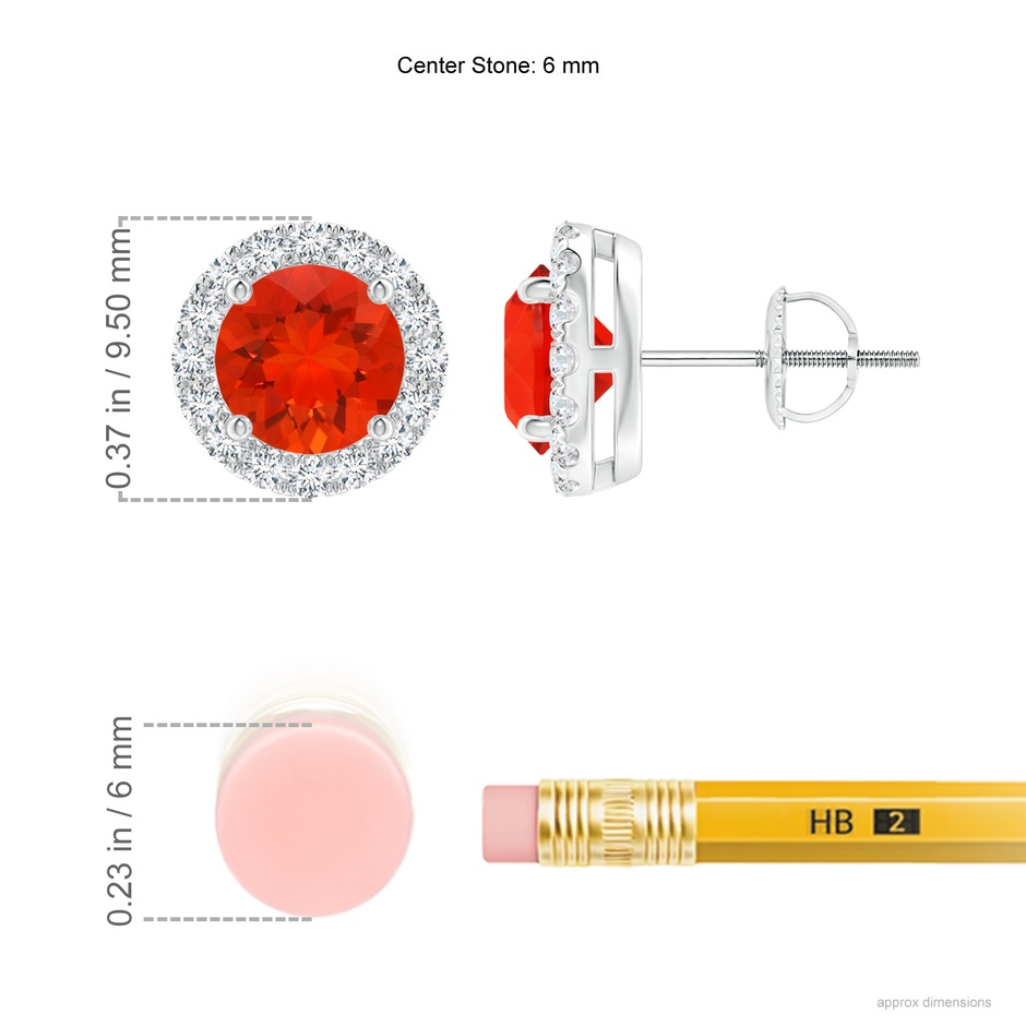 6mm AAAA Claw-Set Fire Opal and Diamond Halo Stud Earrings in P950 Platinum ruler