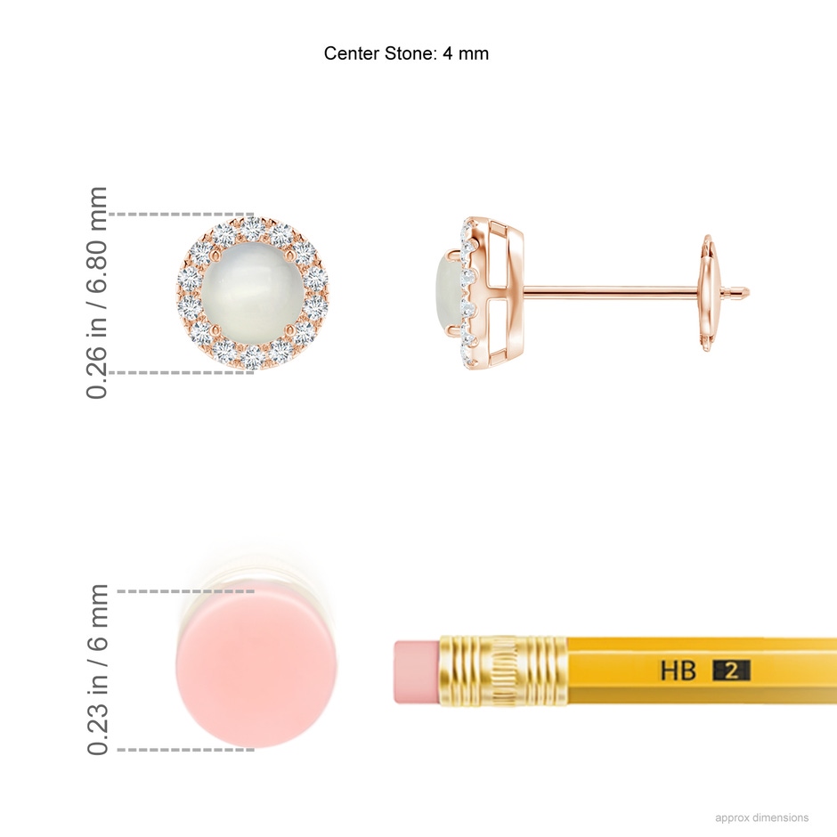 4mm AAA Claw-Set Moonstone and Diamond Halo Stud Earrings in Rose Gold ruler