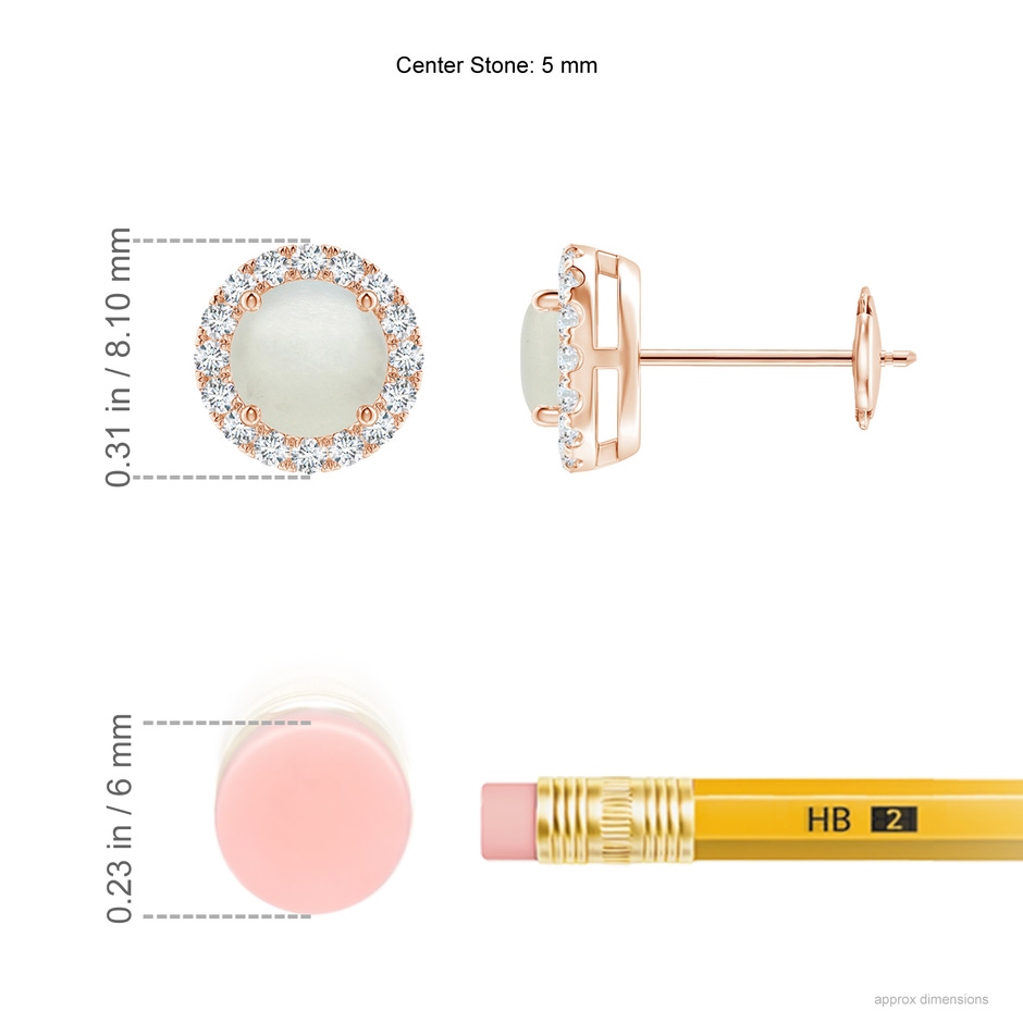 5mm AA Claw-Set Moonstone and Diamond Halo Stud Earrings in Rose Gold ruler
