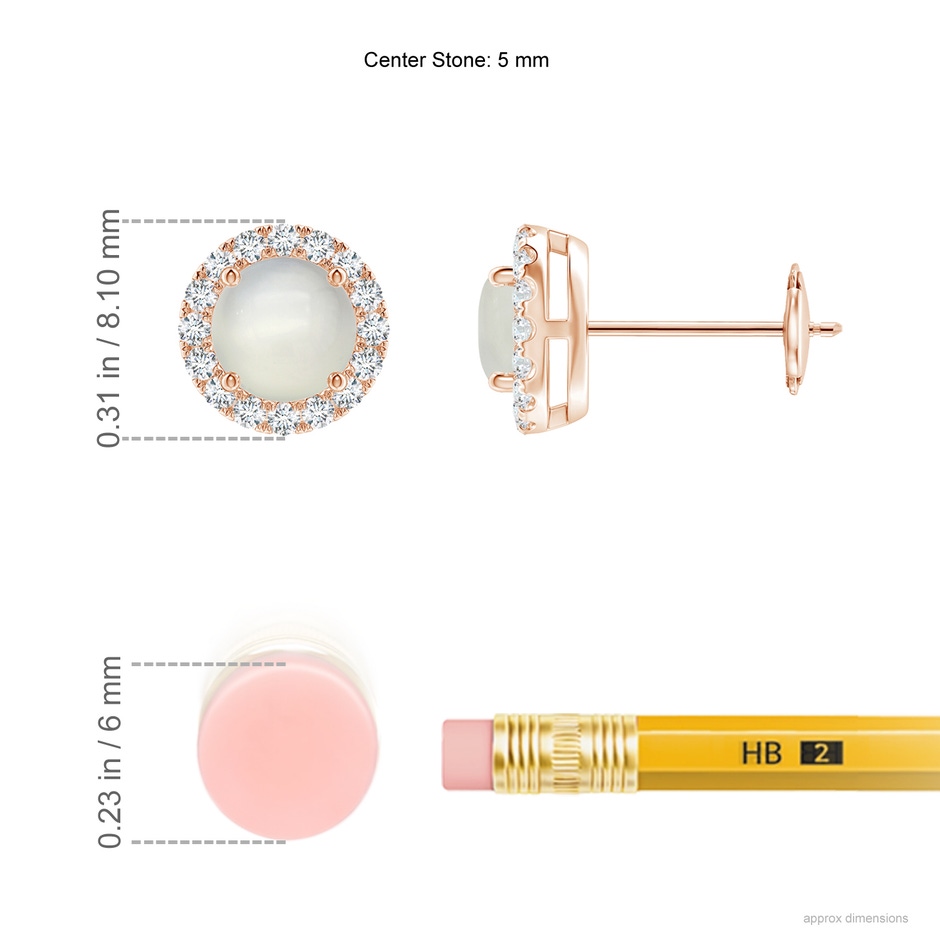 5mm AAA Claw-Set Moonstone and Diamond Halo Stud Earrings in Rose Gold ruler