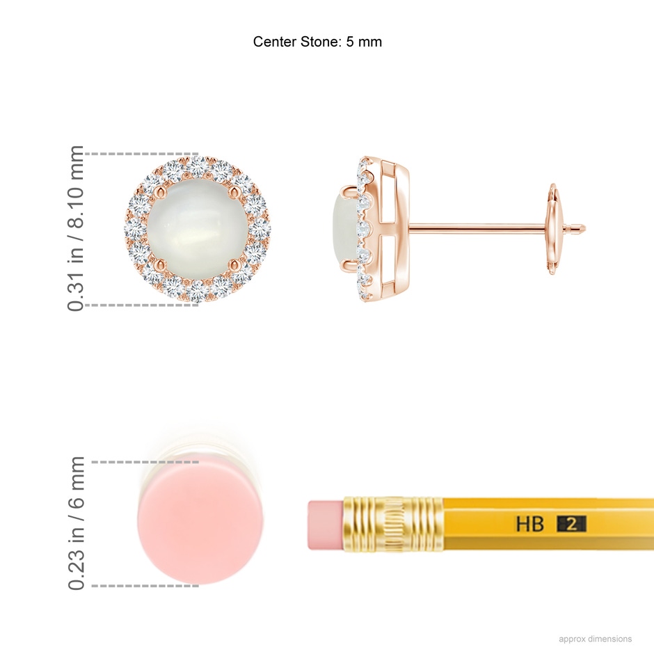 5mm AAAA Claw-Set Moonstone and Diamond Halo Stud Earrings in Rose Gold ruler