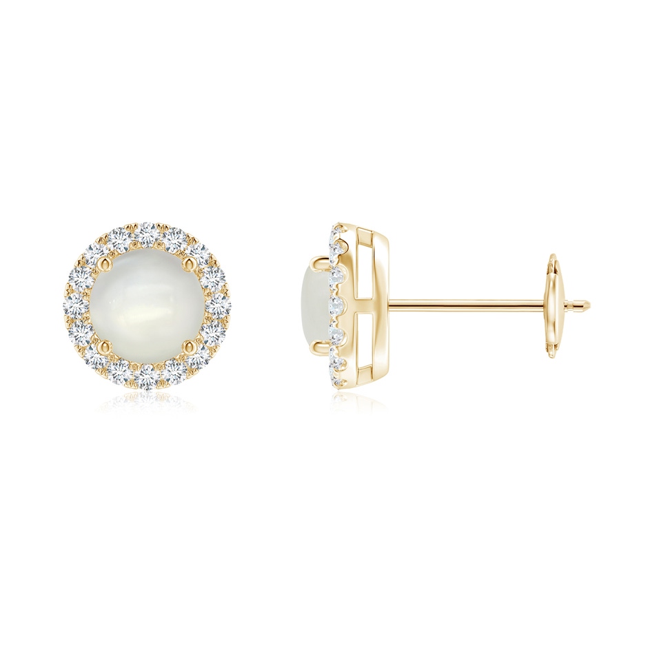 5mm AAAA Claw-Set Moonstone and Diamond Halo Stud Earrings in Yellow Gold 